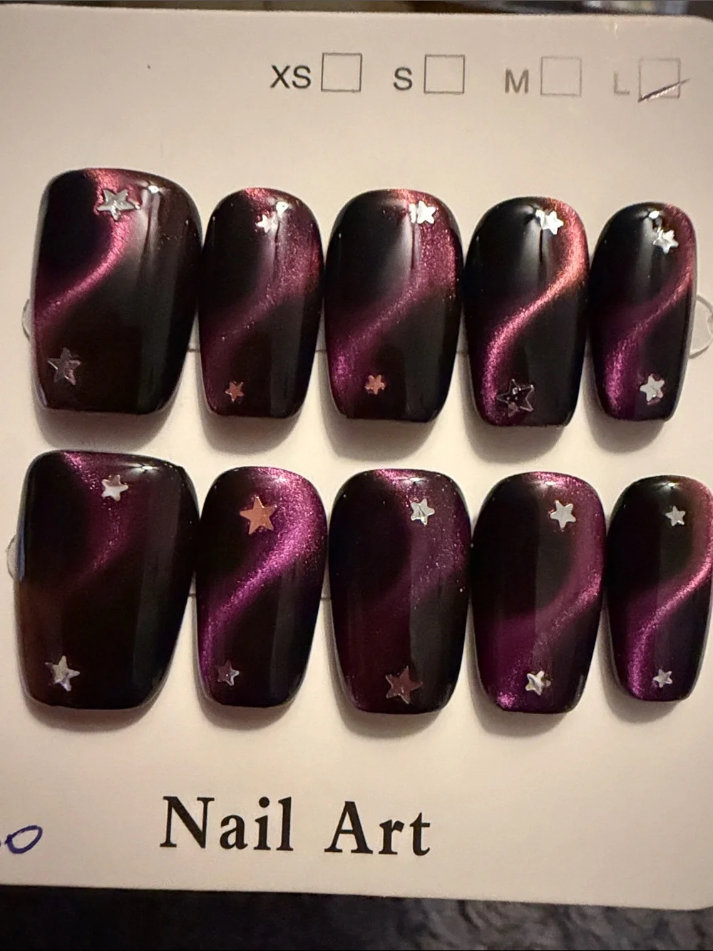 Dark Purple Cat Eye handmade acrylic Press-On Nails with Star Accents